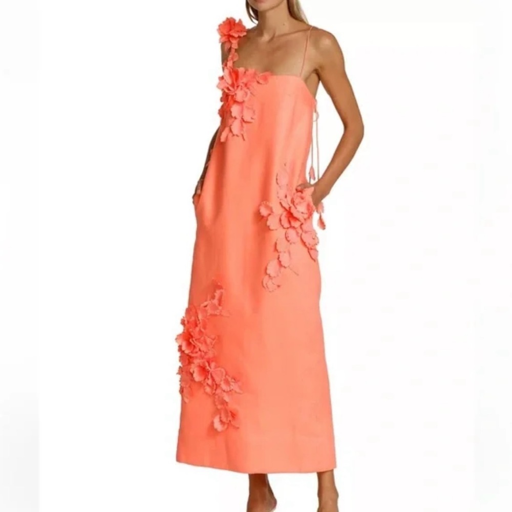 Zimmermann Coral One-Shoulder Midi Dress with 3D Floral Appliqués